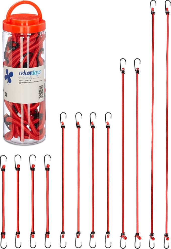 snelbinder set van 12 - met haak - 4 groottes - universeel - rubber - rood