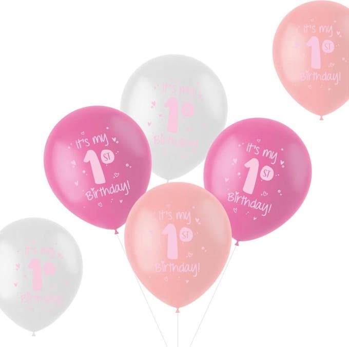 Ballonnen 'It is my 1st Birthday!' Roze 33cm - 6 stuks
