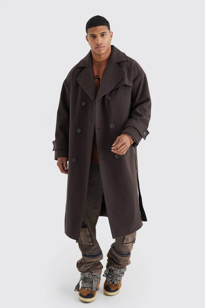 Dubbelbeslagen trenchoverjas in chocolade | Chocolate | Size Medium