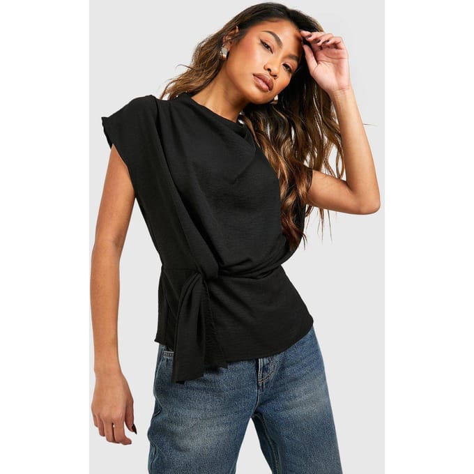 boohoo Dames Gehamerde Knot Front Cowl Neck Blouse | Zwart | Maat: 36