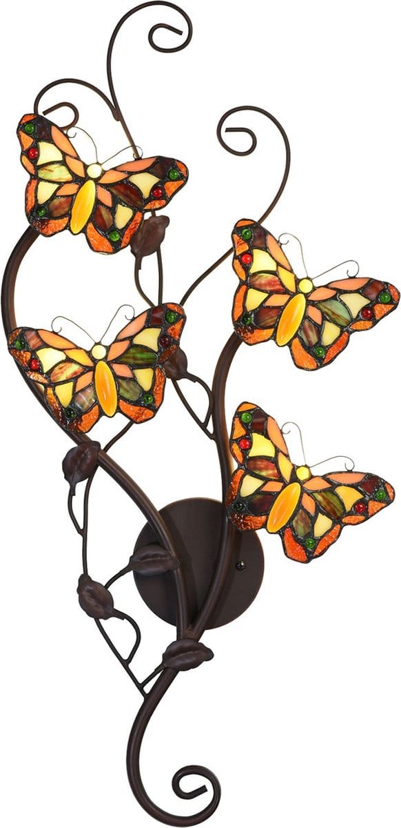 Lumilamp Wandlamp Tiffany 32x68 cm Geel Bruin Metaal Vlinder