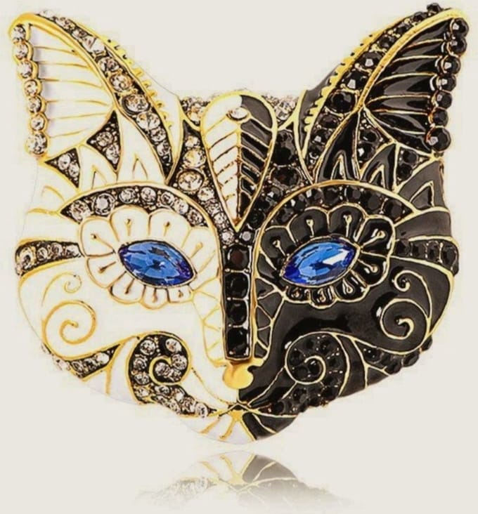 Zelto-Broche- Broche Boetiek-Kat-Wit-Zwart