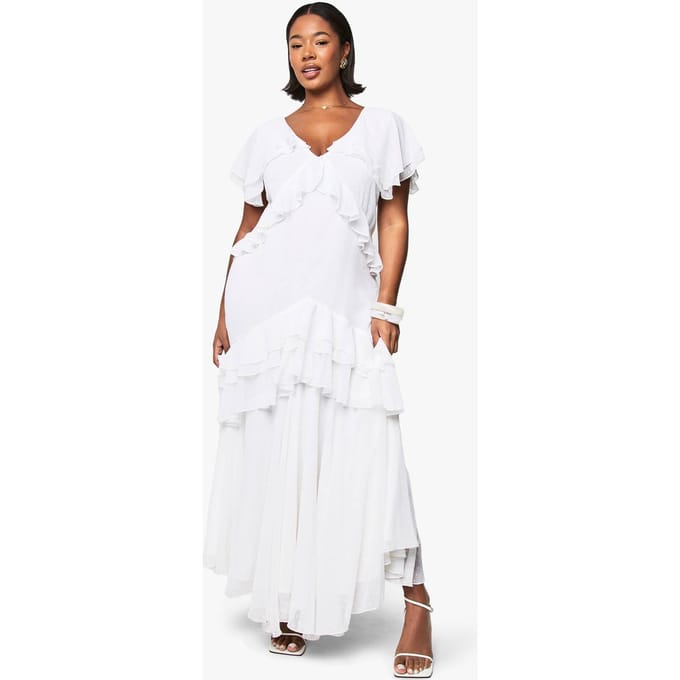 boohoo Dames Plus Dobby Chiffon Maxi-jurk met ruchesdetails | Ivory | Maat: 28