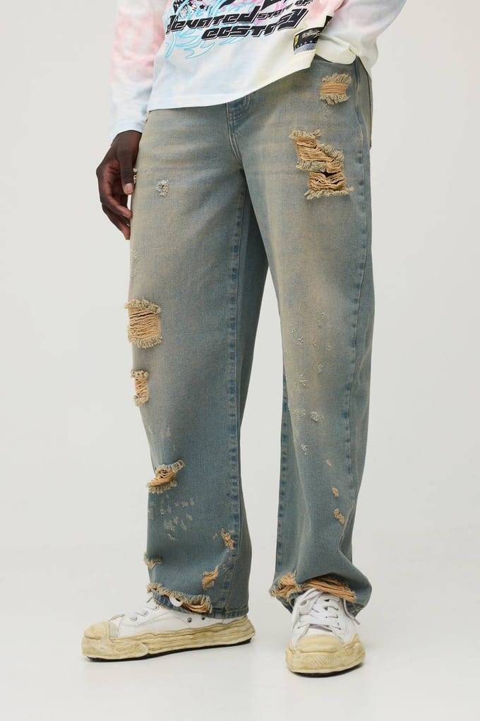 Getinte Gescheurde Relaxed Fit Jeans | Stonewash | Size 28R