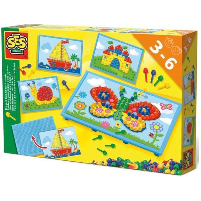 SES Creative Mozaïekbord met 4 Kaarten en 100 Pinnen - Vanaf 3 Jaar - Mozaïek Kinderen - Schoencadeautjes Sinterklaas