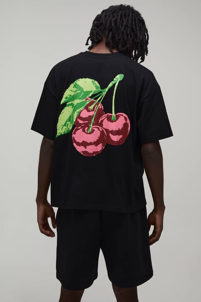 Oversized T-shirt & Wijde Short Set Met Kersenprint | Black | Size Medium