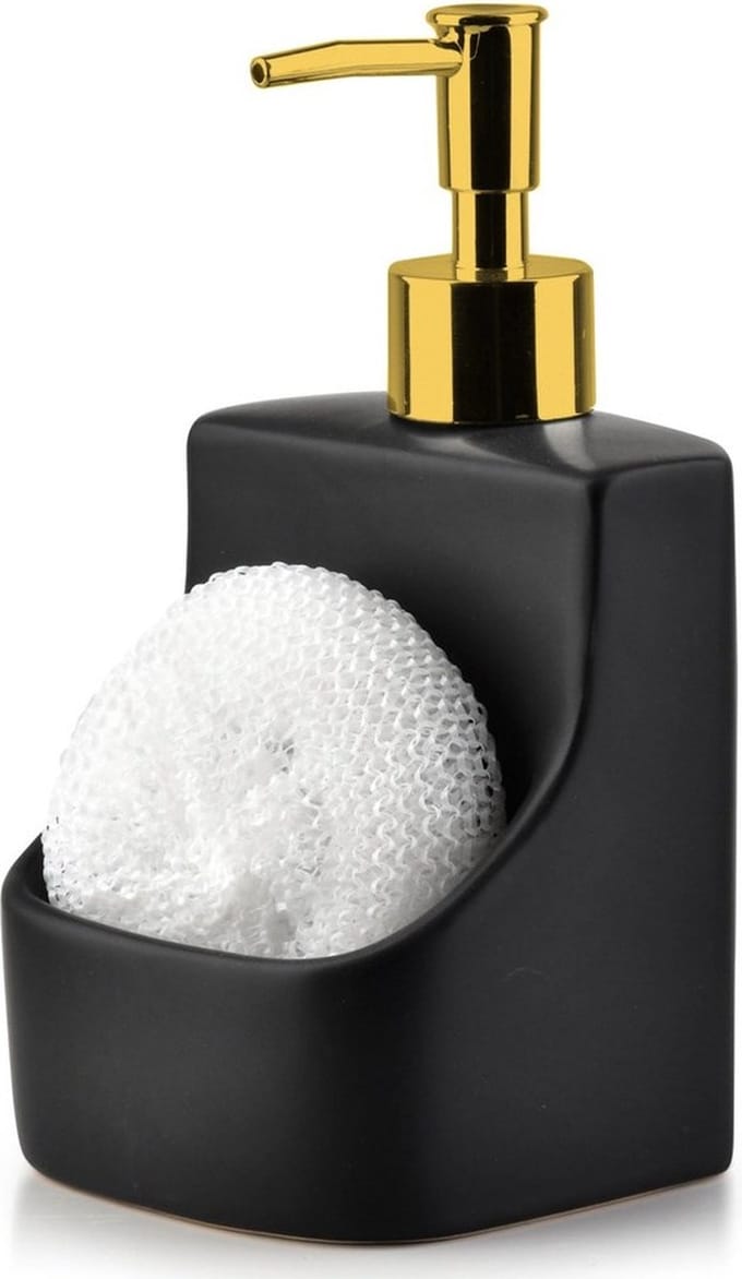 Afwasmiddeldispenser met Sponshouder en Spons Keramiek Zwart 400 ml - Zeepdispenser voor De Keuken - Vaatwasmiddeldispenser