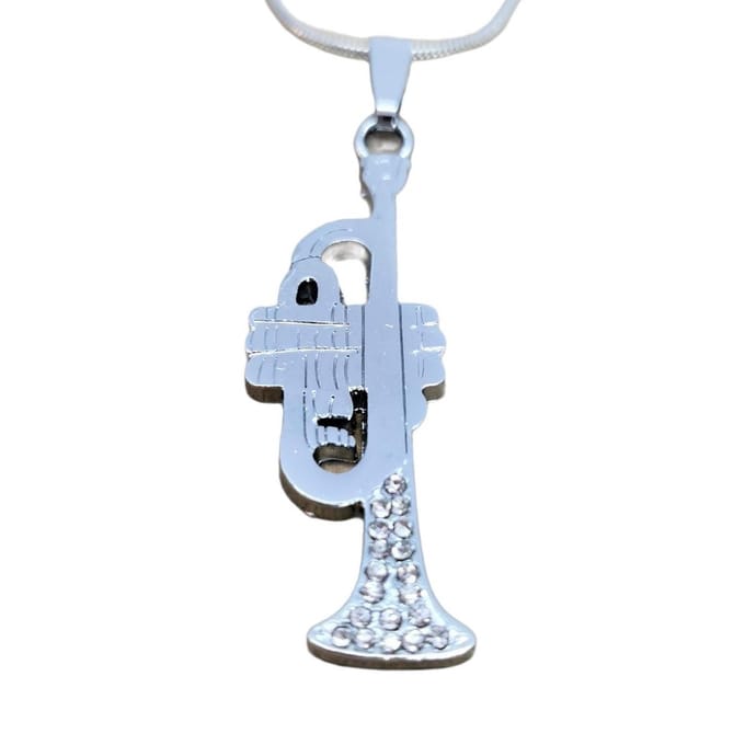 Prachtig edelstaal hanger, trompet, volle strass op beker.