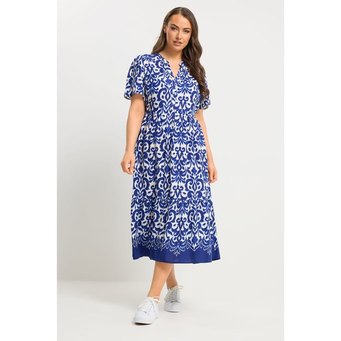 Yours Blauwe Abstracte Jurk Met Halve Knoopsluiting Size 54-56