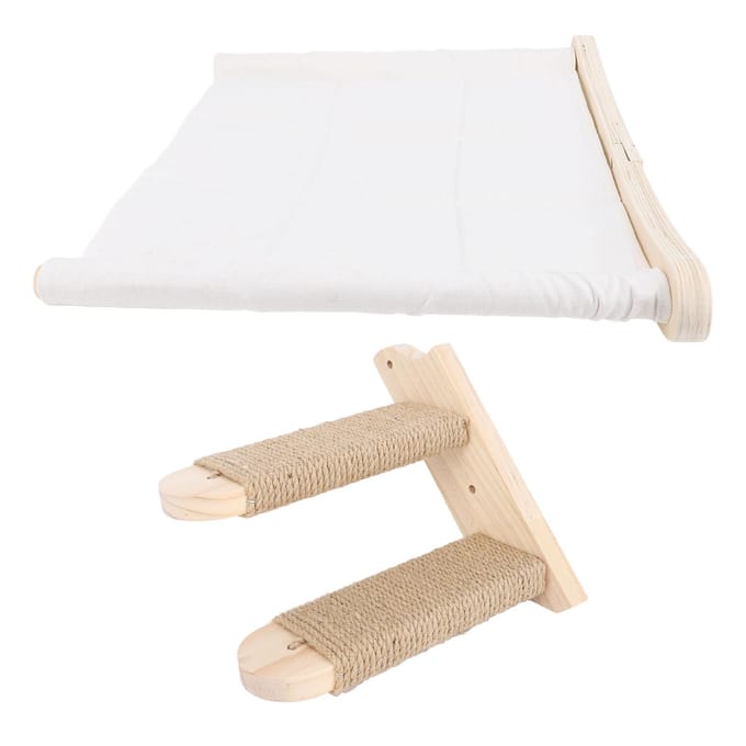 Katten Hangmat voor aan de Muur met Trappen Houten Muurmeubel Kat Klimplank Stabiel Kattenmuurbed voor beige