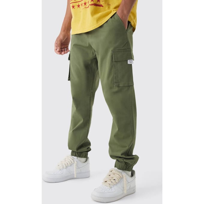 Slim Fit Cargobroek met Elastische Taille, Gewoven Tab en Manchetten | Khaki | Size Medium