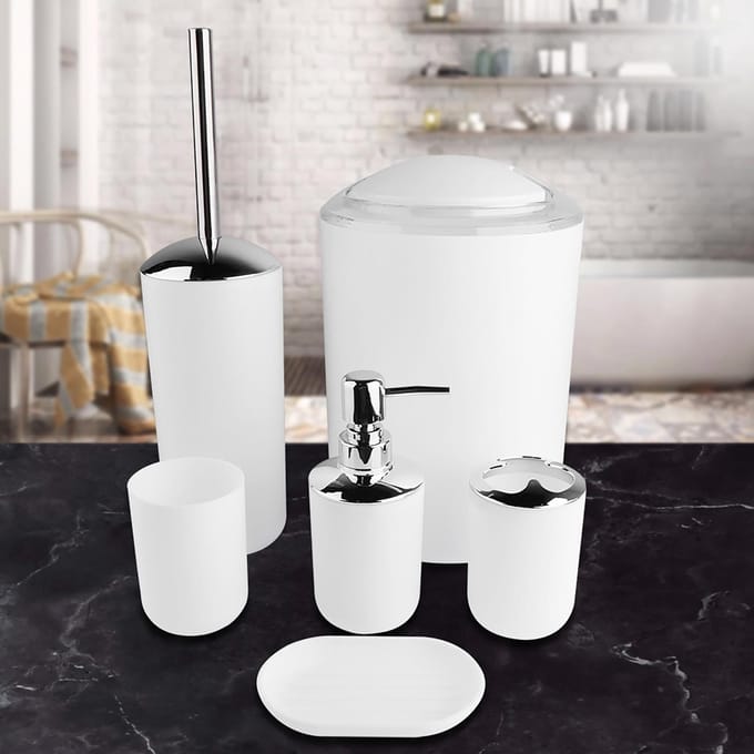 6-delige set Badkameraccessoireset Tandenborstelhouder, Prullenbak, Zeepdispenser (Wit) wit