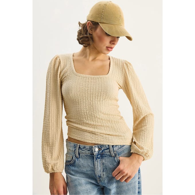 Slim Fit Vierkante Kraag Textuur Blouse