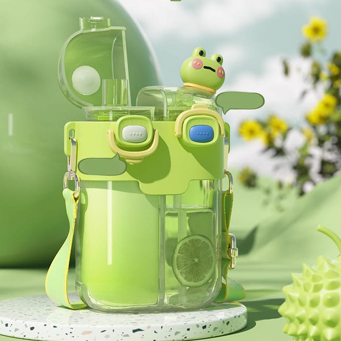 Kawaii Waterfles Mode Plastic Dubbele Drinkwaterfles met Rietje Verstelbare Riem voor Lime 780ml