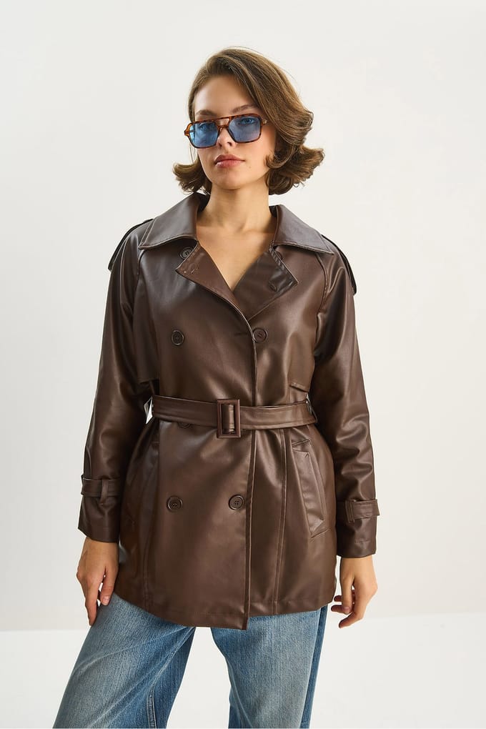Dubbelzijdige neplederen trenchcoat