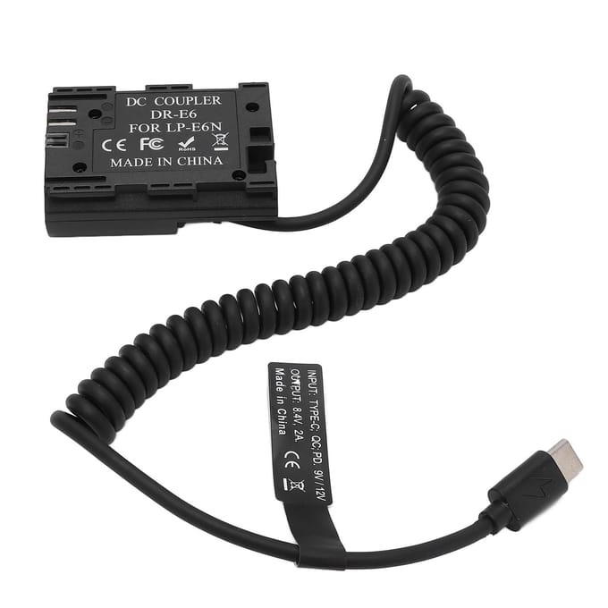 Adaptateur d'alimentation CC pour batterie factice de type C LPE6 entièrement décodée pour appareils photo 5D4 6D2 7D black