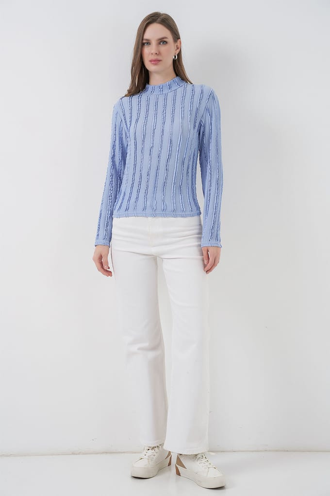 Gestructureerde Slim Fit Halflange Turtleneck Blouse