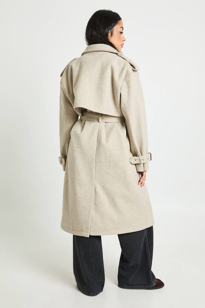 boohoo Dames Oversized Getailleerde Wol Look Trenchcoat | Stone | Maat: 16
