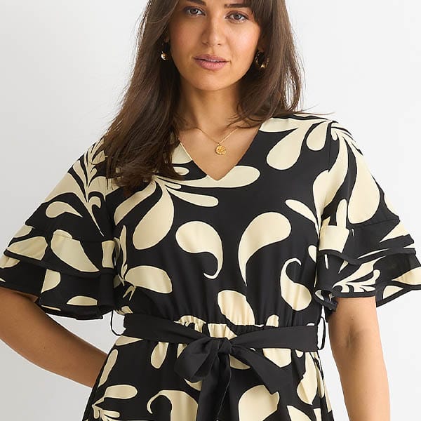 Florale V-hals Midi-jurk met Elastische Taille