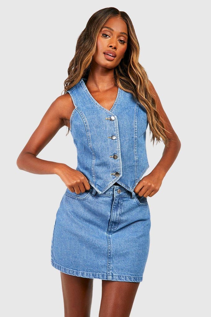 boohoo Dames Longline Denim Vest | Medium Blauw | Maat: 36