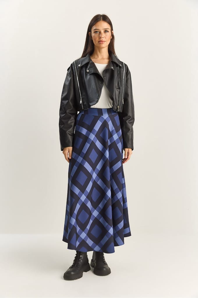 Hoge Taille Midi Rok in Geruit Patroon