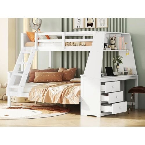 ModernLuxe Stapelbed 140x200cm - een bureau aan de zijkant met 3 grote lades - Wit