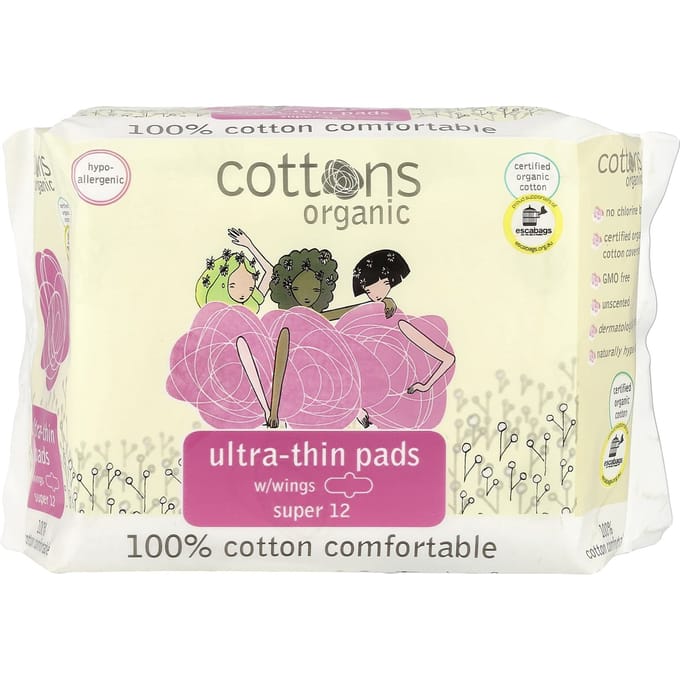 Katoen, 100% natuurlijk katoenen toplaag, ultradunne pad met vleugels, super, 12 pads white