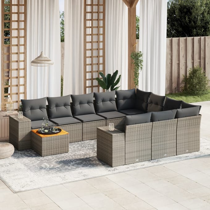 vidaXL - 11-delige - Loungeset - met - kussens - poly - rattan - grijs