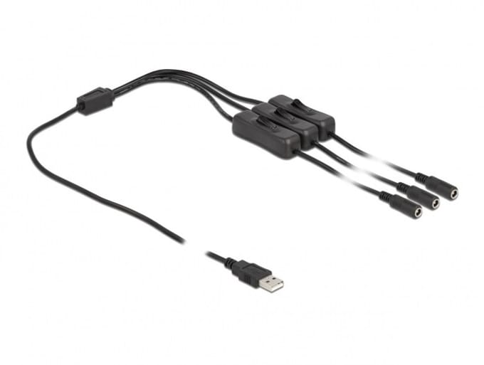 USB-A - 3x DC plug splitter | 5,5 x 2,1mm | max. 5V/3A (15W) | schakelaars | zwart | 1 meter