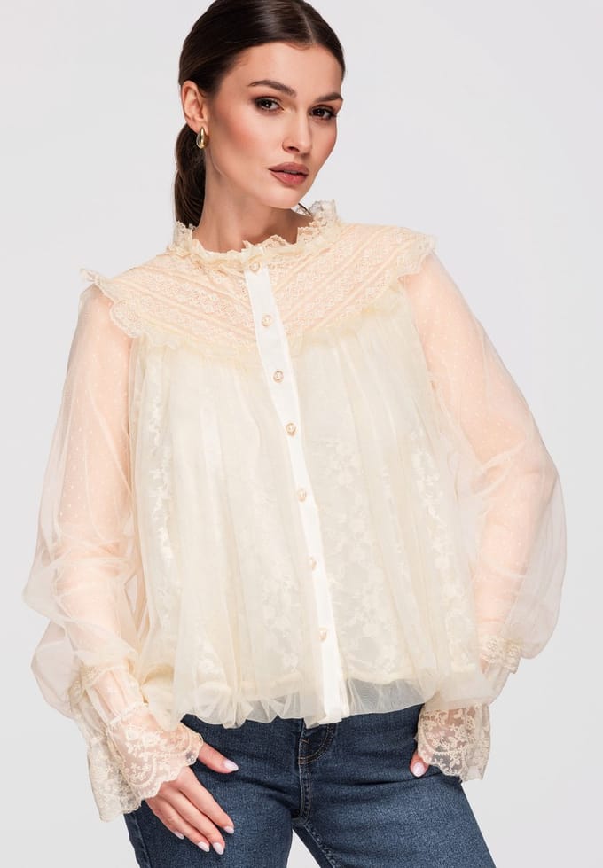 OMBRE Overhemd - Loose Fit - Lange Mouw - Knopen Beige ONESIZE