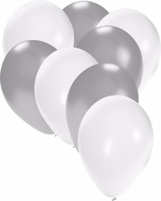 30x ballonnen wit en zilver - 27 cm - witte / zilveren versiering