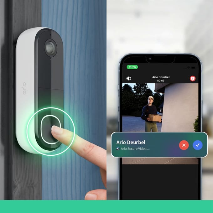 Arlo 2K draadloze video deurbel met camera, 1 deurbel, wit