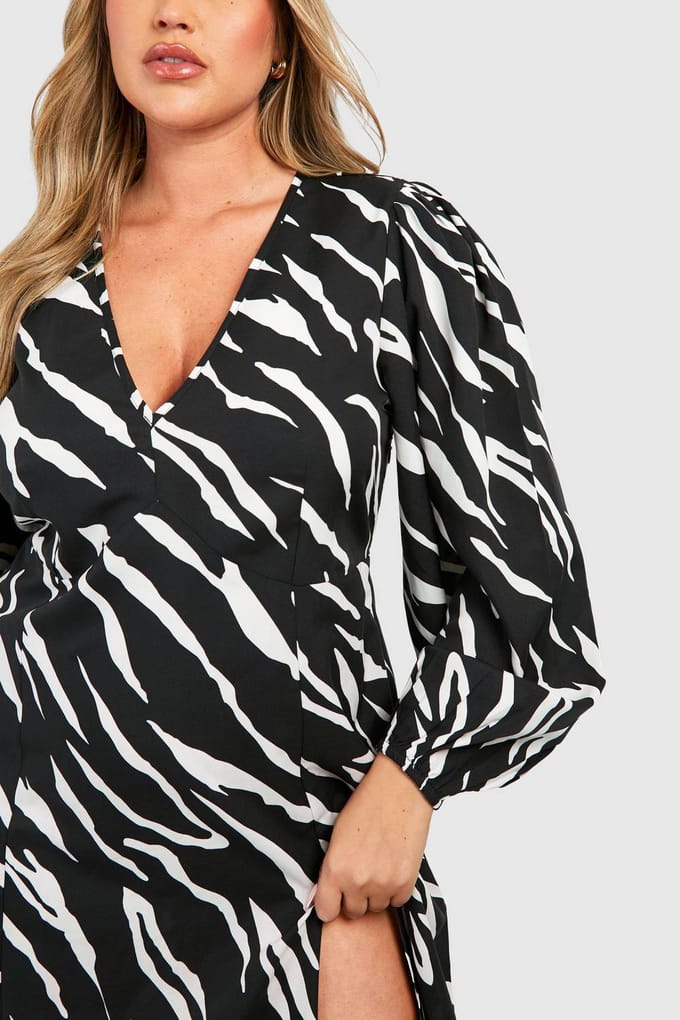 boohoo Dames Plus Animal Print Blouson Sleeve Midi Jurk | Black | Maat: 28