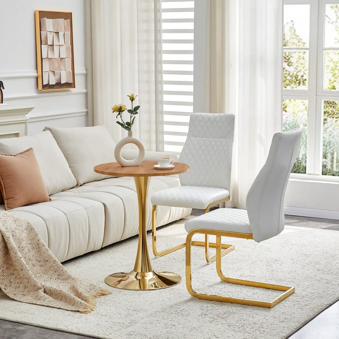 MODENUIT Eettafelset Ø 60 cm - MDF Tafelblad Met 2 Stoelen - Voor Eetkamer En Woonkamer - MDF, Metaal - Wit Goud