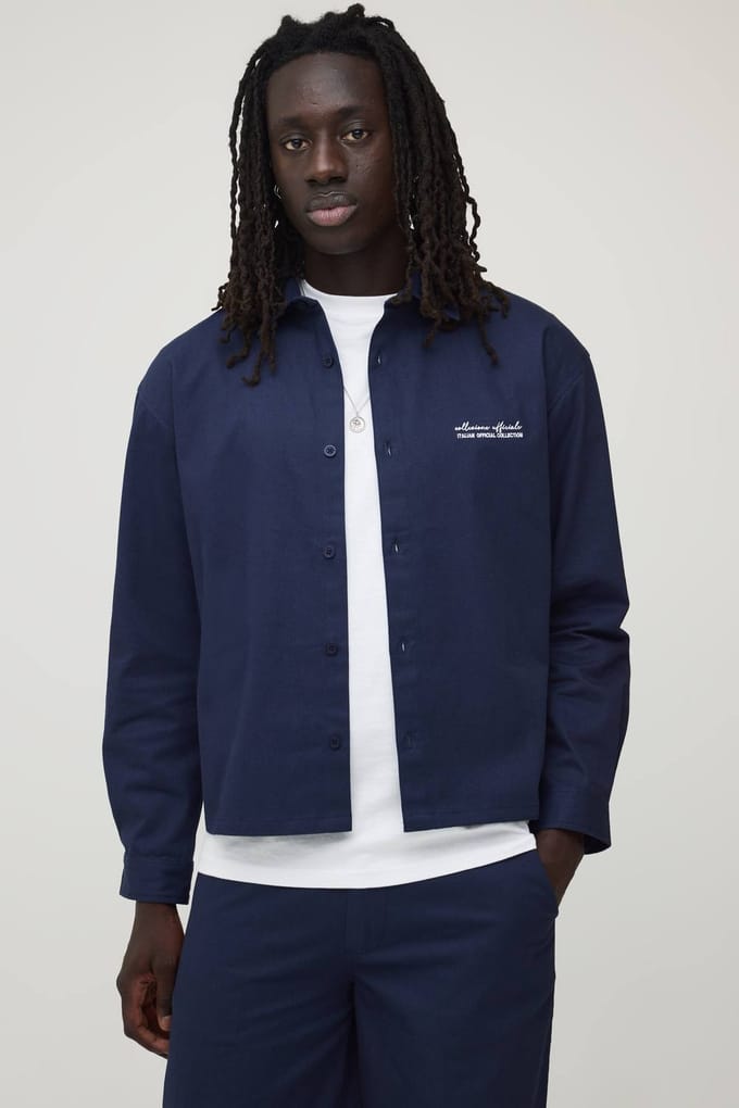 Soft Twill Embroidered Oversized Shirt & Baggy Trouser Set | Navy | Size Medium