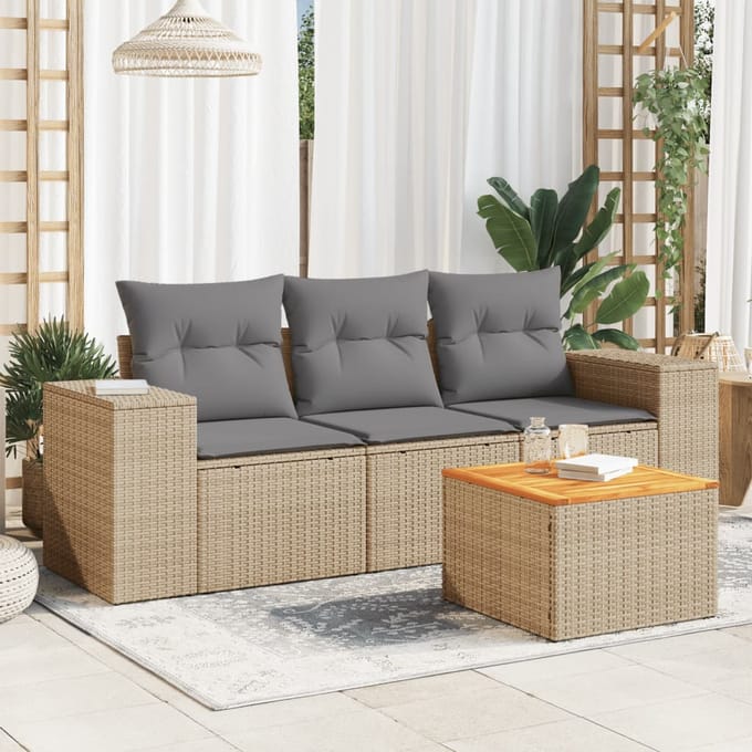 vidaXL - 4-delige - Loungeset - met - kussens - poly - rattan - beige