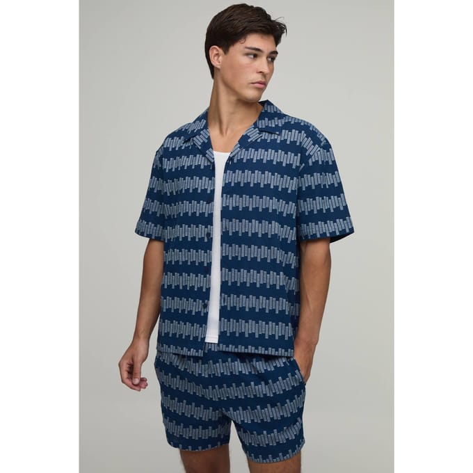 Geometrisch Gestreept Oversized Shirt & Relaxed Short Set | Navy | Size Medium