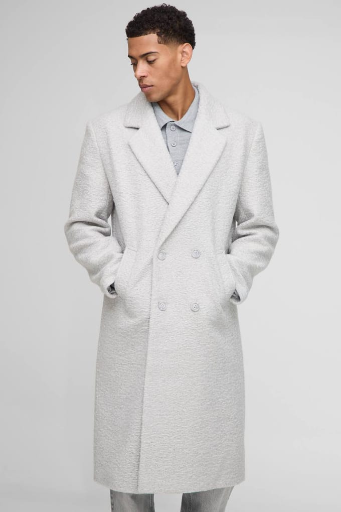 Dubbelgeknopte getextureerde bouclé overjas met afgezakte schouders en revers | Light Grey | Size Medium