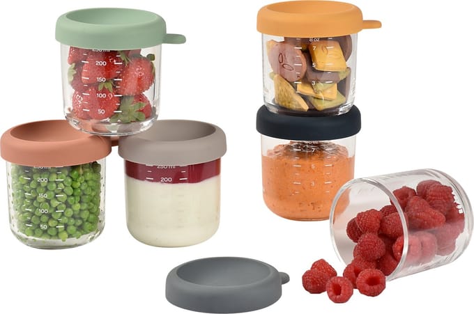 Beaba Set Glazen Bewaarpotjes - 6x 250 ml - Hermetisch Afsluitbaar - Sunrise Colormix - Geschikt voor Vriezer & Magnetron - Microgolfoven