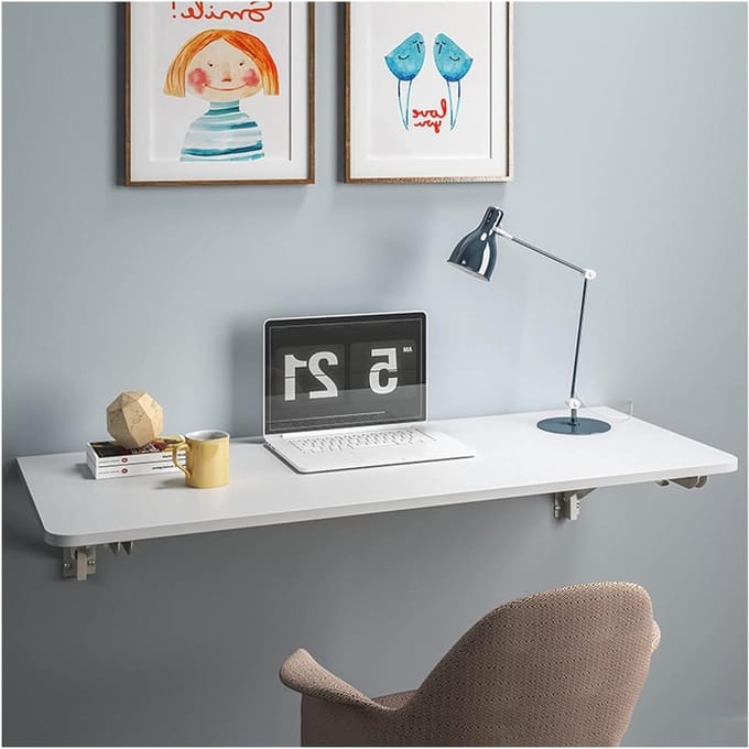 Klaptafel Wandmontage - Opklapbare Plank - Ruimte Besparen - Driehoekige Beugels - 45x80cm - Wit
