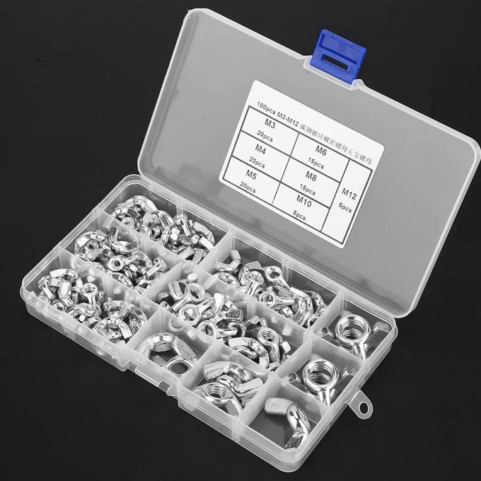 Lot de 100 écrous papillon en acier au carbone galvanisé M3, M4, M5, M6, M8, M10, M12