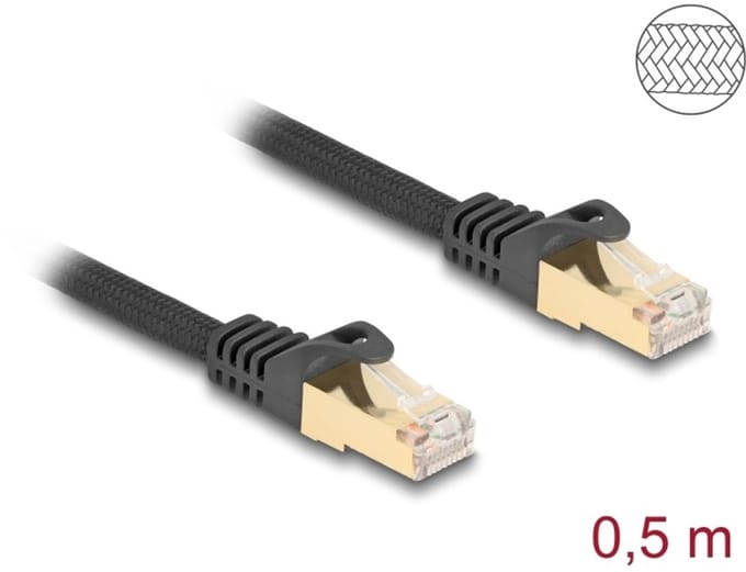 Delock RJ45 Network Cable with braided jacket Cat.6A S/FTP plug to plug 0.5 m black
