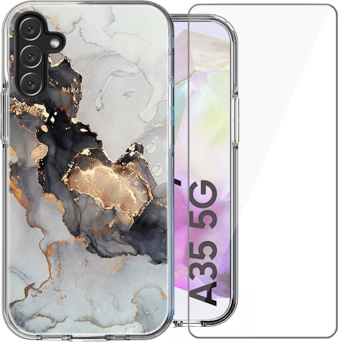 Hoesje geschikt voor Samsung Galaxy A35 - Screen Protector Glas - Back Cover Marmer Siliconen Case Wit & Screenprotector