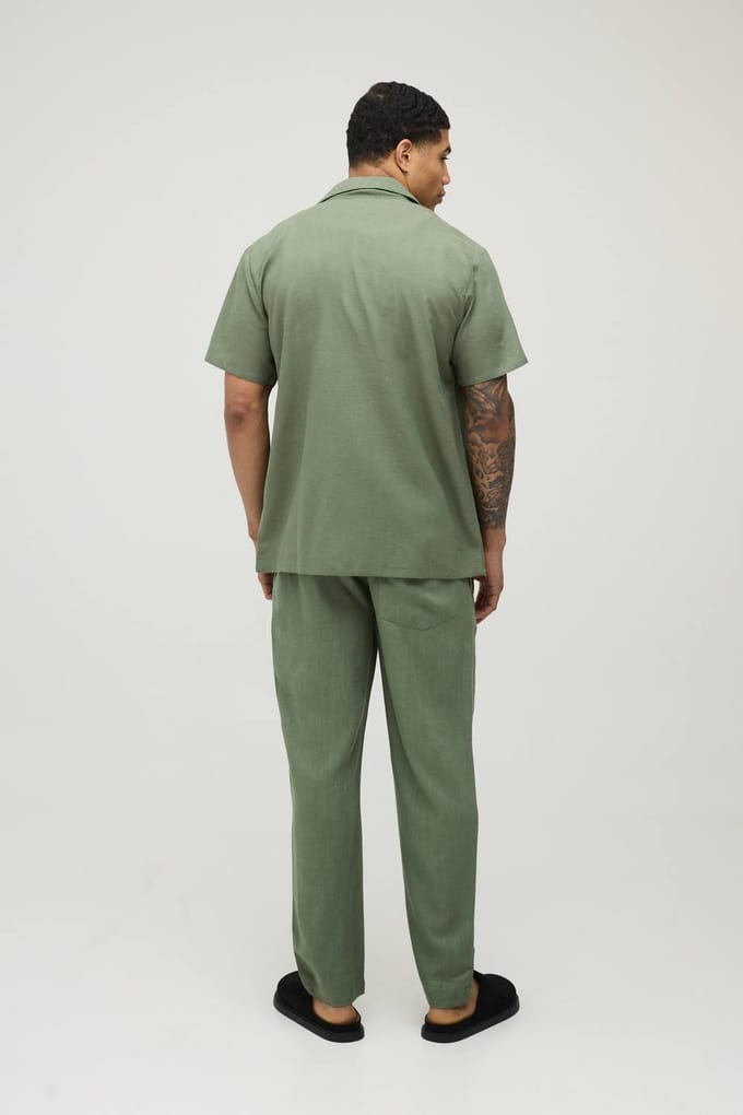 Slim Fit Half & Half Waist Linen Blend Trouser | Olive | Size Medium