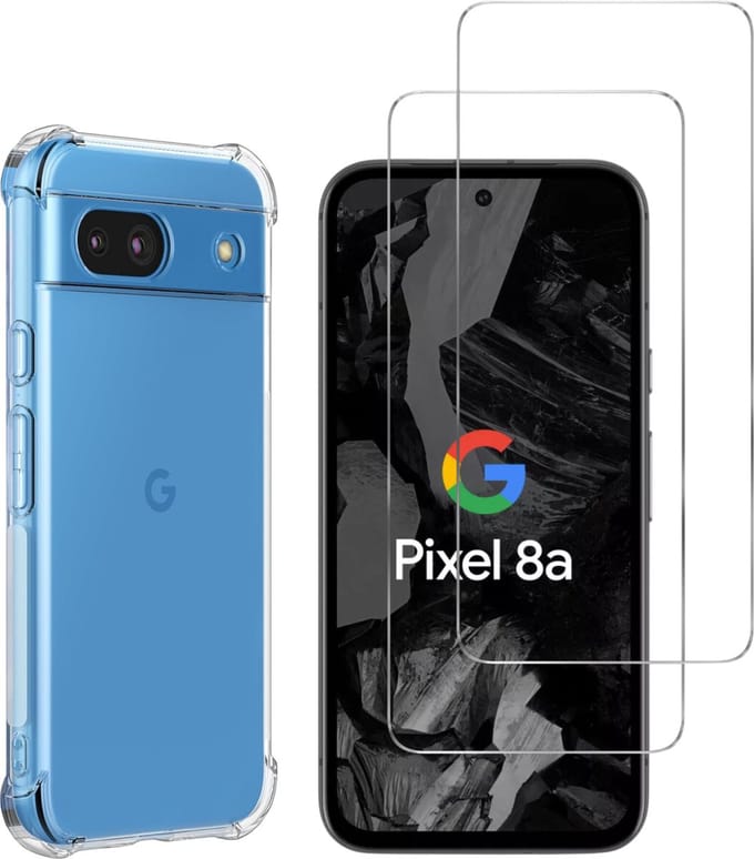 Hoesje voor Google Pixel 8A backcover Shockproof siliconen Transparant en 2 stuks Screenprotector Gehard Glas