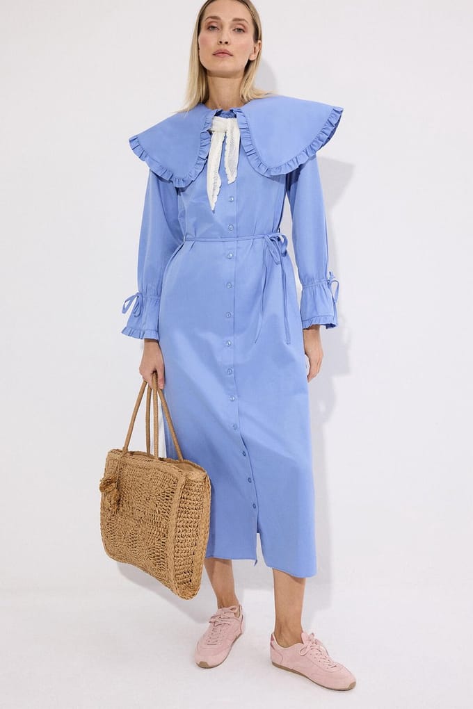 Touché Privé - Blousejurk met ruches en brede kraag - Blauw - Dames
