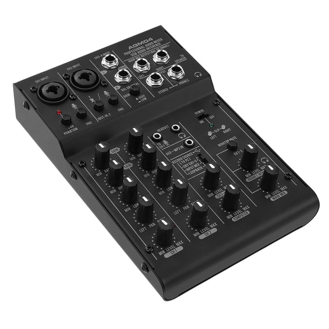 Mini console de mixage 4 canaux, mélangeur audio numérique, égaliseur 2 bandes, alimentation fantôme 48 V intégrée, 5 V black