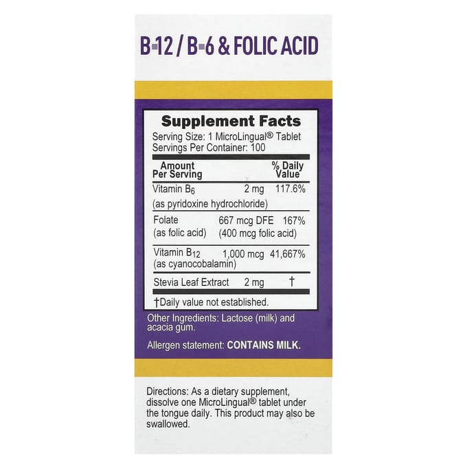 Cyanocobalamine B-12, B-6 en Foliumzuur, Direct Oplossend Microlinguaal 100 Tabletten