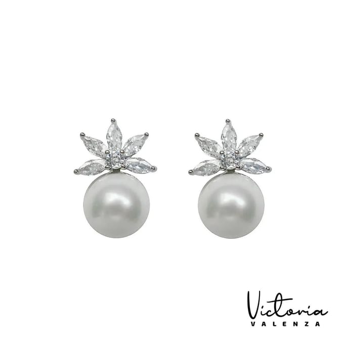 Victoria Valenza Perla oorknoppen - Messing - Witte Steen - Zilver