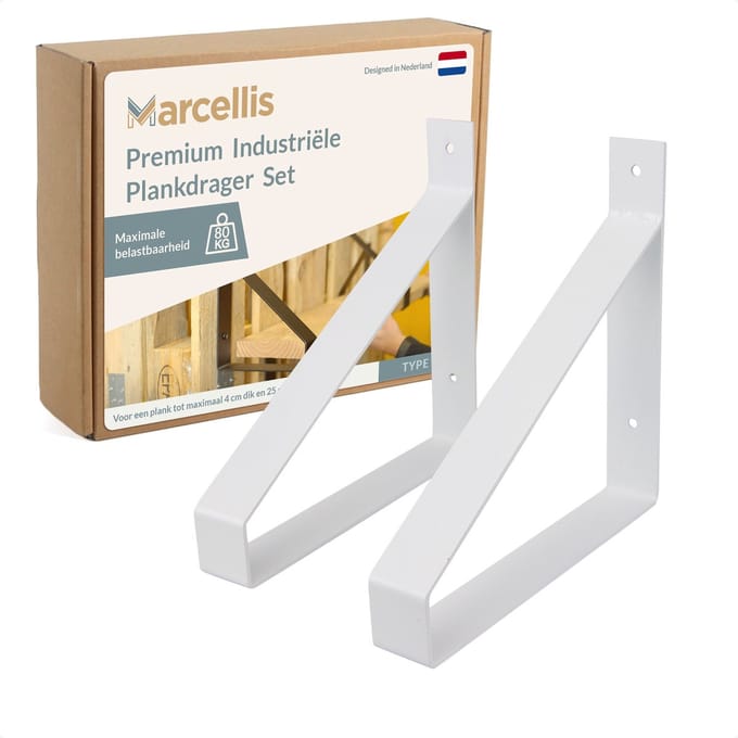 Marcellis - 2x Industriële plankdrager - Voor plank 25cm + schroefset - mat wit - staal - T1